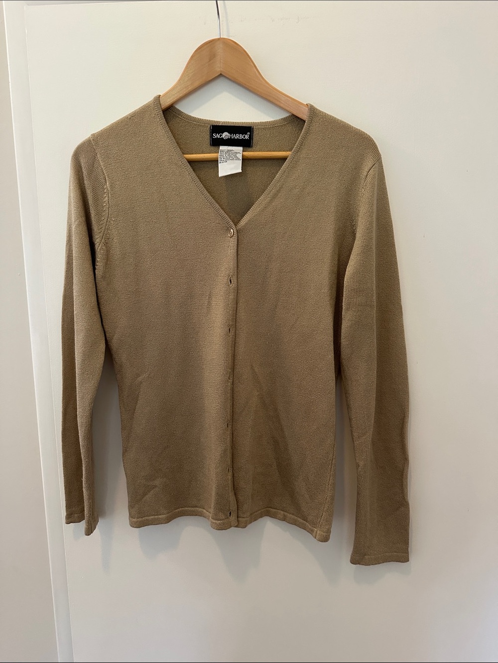 Sag Harbor Women's Tan V-Neck Button-Front Cardigan